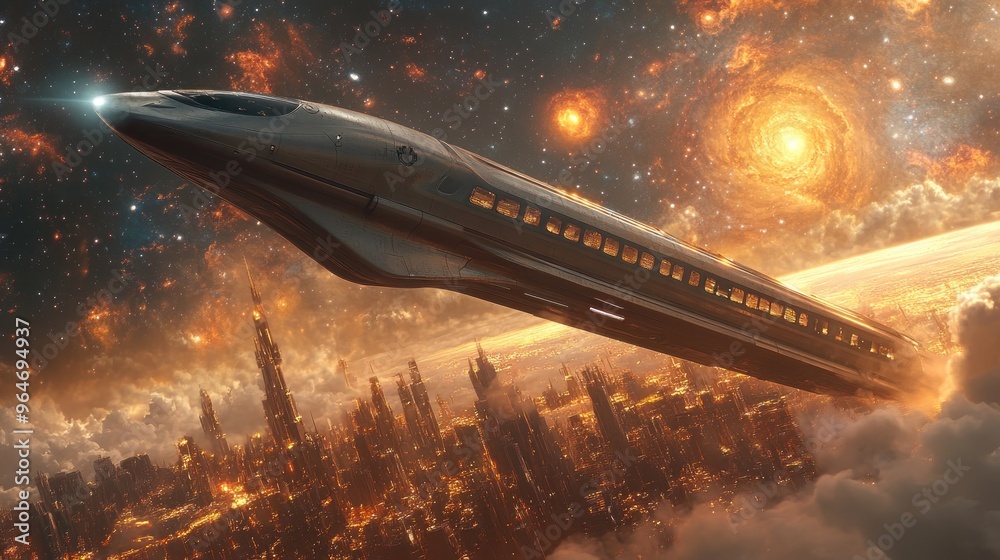 Sleek high-speed train in sky with galaxies and futuristic city below Sleek high-speed train in sky with galaxies and futuristic city below