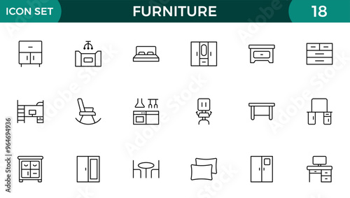 Furniture and home interior elements - thin line web icon set. Outline icons of kitchen, living room, bedroom and office collection.