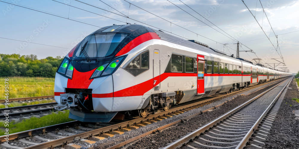 Fototapeta premium Modern train traveling along a railway track in a lush green landscape during the day