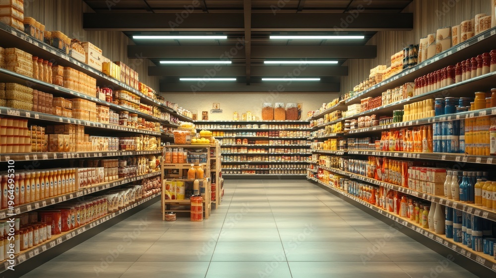 Neatly arranged supermarket aisle, well-lit, variety of groceries, clean atmosphere. Neatly arranged supermarket aisle, well-lit, variety of groceries, clean atmosphere.