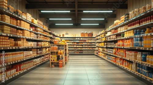 Neatly arranged supermarket aisle, well-lit, variety of groceries, clean atmosphere.