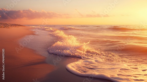 Golden hour over a peaceful beach with gentle waves lapping at the shore, the sky filled with warm hues of orange and pink photo