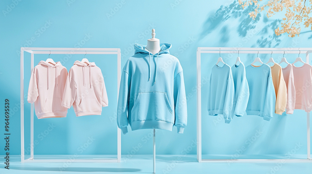 A rack of clothes with a blue hoodie hanging from it A rack of clothes with a blue hoodie hanging from it