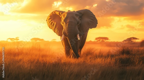 Close-up of a powerful elephant walking across the African savanna, its tusks gleaming in the golden sunset photo