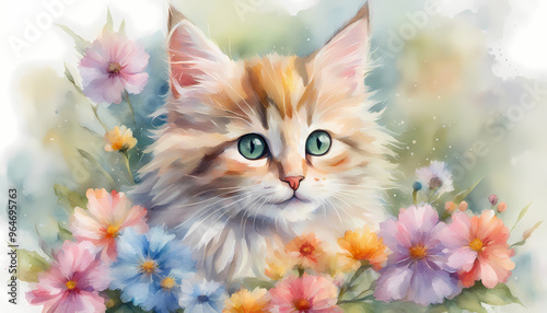 Cute Orange Kitten with Colorful Pastel Flowers and Gradient Green Watercolor Background