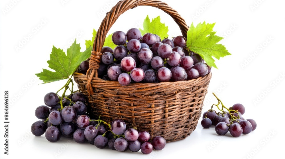 Fresh Red Grapes in a Wicker Basket with Green Leaves Fresh Red Grapes in a Wicker Basket with Green Leaves