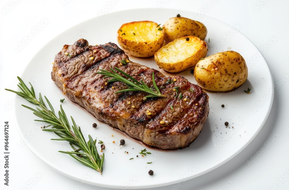 A juicy steak with potatoes and rosemary on a white plate, isolated against a plain background. A juicy steak with potatoes and rosemary on a white plate, isolated against a plain background.