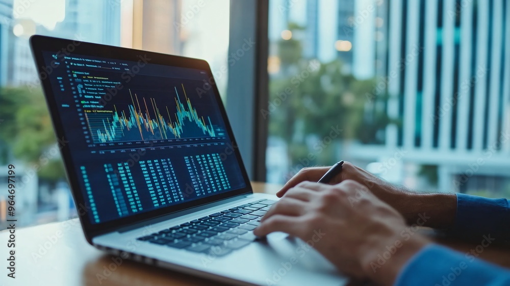 Businessman Working on Laptop with Financial Charts – Data Analysis in a Bright Office