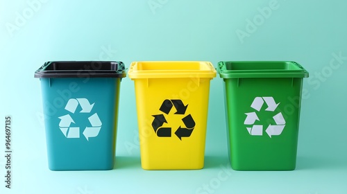 Three Trash Cans with Representing Recycling. Depicts Waste Management and Sustainable Technology Concepts, Ideal for Environmental Projects, Recycling Campaigns, and Eco-Conscious Initiatives