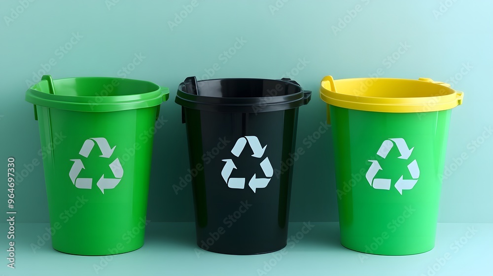 Three Trash Cans with Representing Recycling. Depicts Waste Management and Sustainable Technology Concepts, Ideal for Environmental Projects, Recycling Campaigns, and Eco-Conscious Initiatives Three Trash Cans with Representing Recycling. Depicts Waste Management and Sustainable Technology Concepts, Ideal for Environmental Projects, Recycling Campaigns, and Eco-Conscious Initiatives
