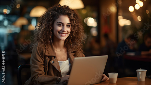 generated illustration of curly hair woman using laptop in a cafe