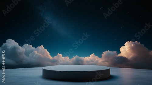 Space mockup podium for product presentation on edge of galaxy with swirling stars and luminous clouds in the background