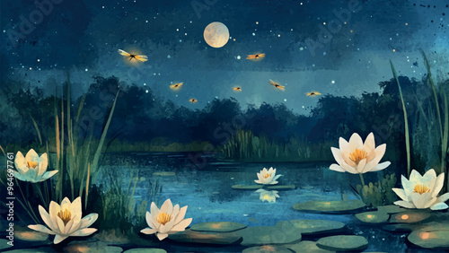 Fireflies Flying Over Night Marsh With Lilies And Lily Pads Watercolor Illustration For Childrens Book Enchanted Marsh Scene Colorful Fireflies Water Lilies Kids Storybook Magical