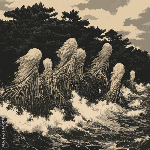 Surreal monochrome illustration of ghostly tree-like figures emerging from crashing ocean waves near a dark forested coastline