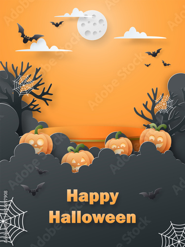 Halloween postcard of podium with pumpkin on the sky
