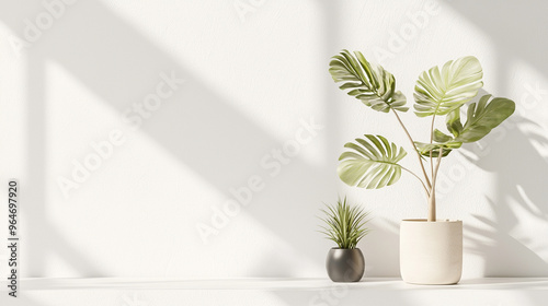A potted plant sits on a shelf next to a white wall