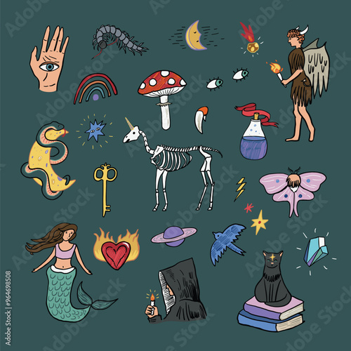 Mystical tale halloween illustrations set.