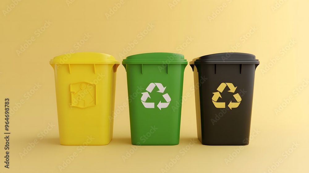 Three Trash Cans with Representing Recycling. Depicts Waste Management and Sustainable Technology Concepts, Ideal for Environmental Projects, Recycling Campaigns, and Eco-Conscious Initiatives Three Trash Cans with Representing Recycling. Depicts Waste Management and Sustainable Technology Concepts, Ideal for Environmental Projects, Recycling Campaigns, and Eco-Conscious Initiatives
