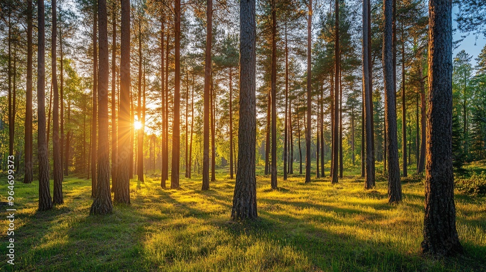Fototapeta premium Pine Tree Forest in Spring – Sunny Day Serenity