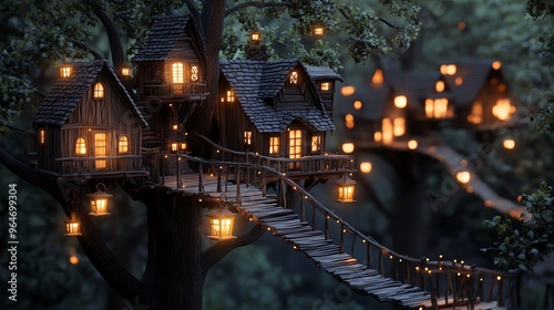 Charming treehouse village illuminated at night, nestled among lush trees, creating a magical and serene atmosphere.