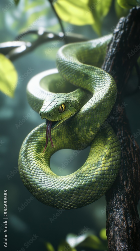 Fototapeta premium A vibrant green tree snake with scales and forked tongue, coiled on a tree branch in a dense forest setting.