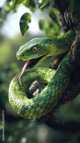 A vibrant green tree snake with scales and forked tongue, coiled on a tree branch in a dense forest setting.