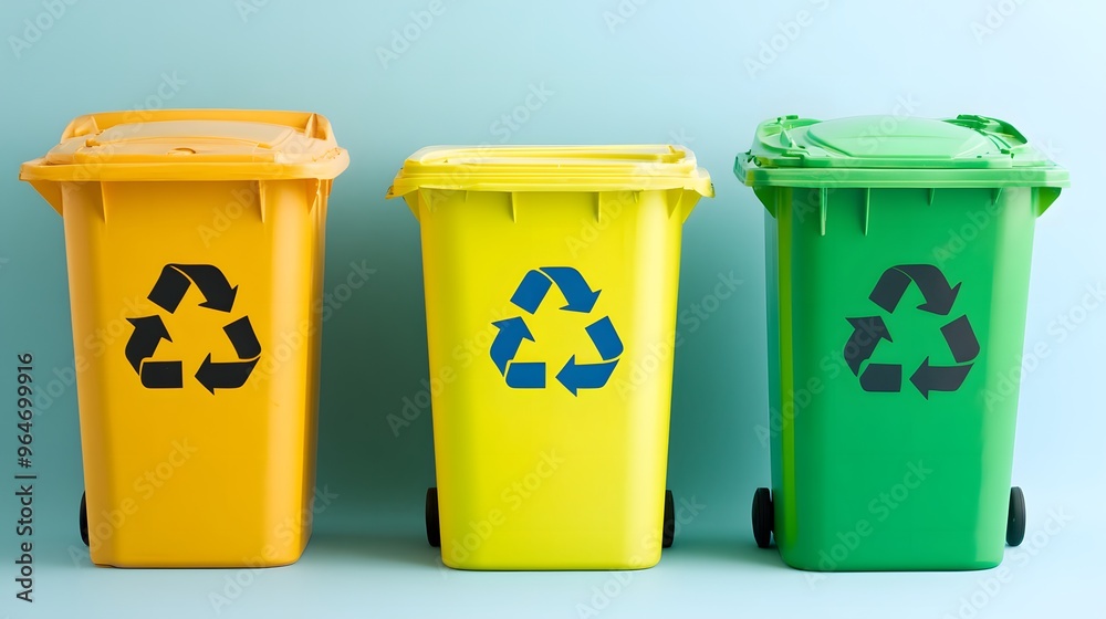 Three Trash Cans with Representing Recycling. Depicts Waste Management and Sustainable Technology Concepts, Ideal for Environmental Projects, Recycling Campaigns, and Eco-Conscious Initiatives Three Trash Cans with Representing Recycling. Depicts Waste Management and Sustainable Technology Concepts, Ideal for Environmental Projects, Recycling Campaigns, and Eco-Conscious Initiatives