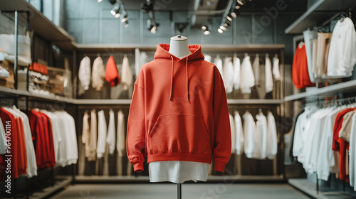 A red hoodie is displayed in a store photo