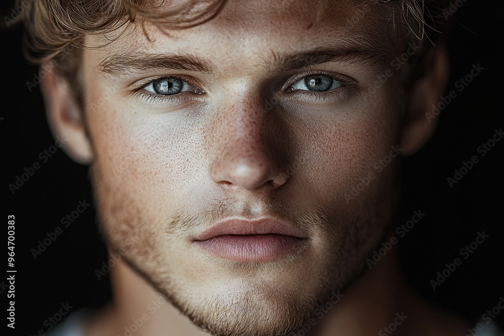Close-up of a young man with freckles and intense gaze Close-up of a young man with freckles and intense gaze