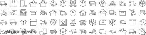 Bundle of Delivery Related Line Icons. Editable Stroke for Design, Web Sites, Apps, Cards. Contains Linear Images of Boxes and Vans