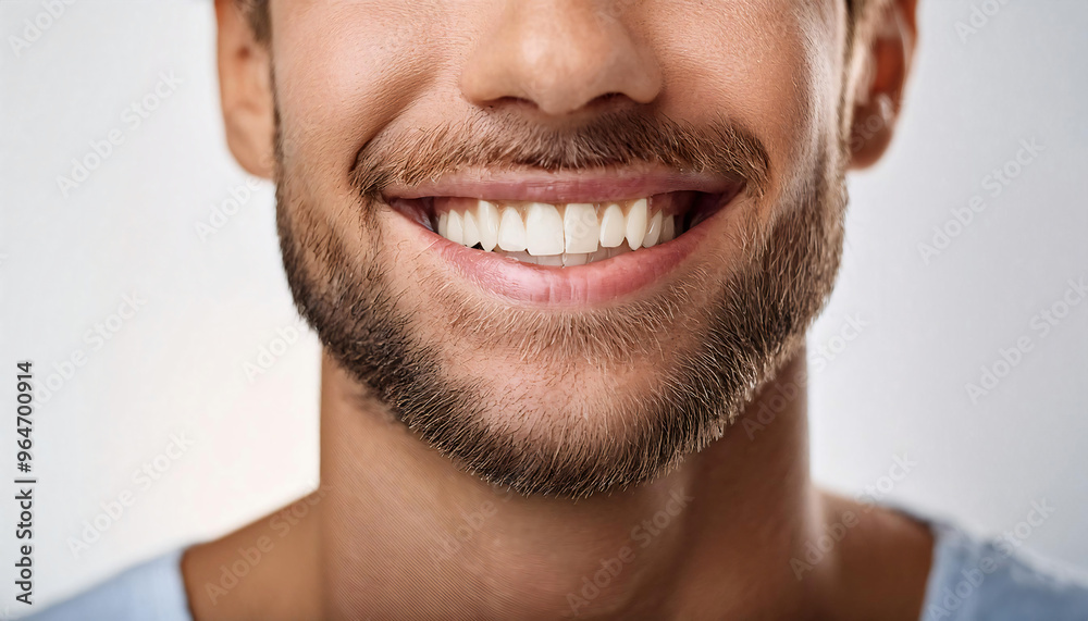 Radiant caucasian male smile with perfect white teeth against solid white background Radiant caucasian male smile with perfect white teeth against solid white background