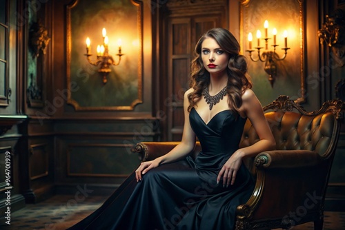 A woman in a black dress is sitting on a couch in a room with a dark atmosphere