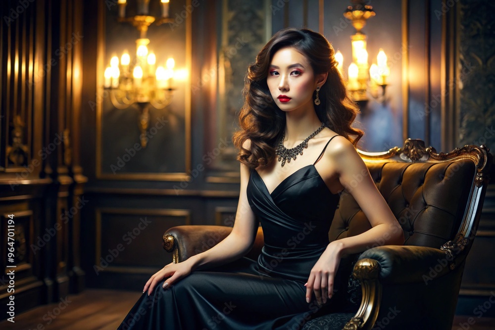 A woman in a black dress is sitting on a couch in a room with a dark atmosphere A woman in a black dress is sitting on a couch in a room with a dark atmosphere