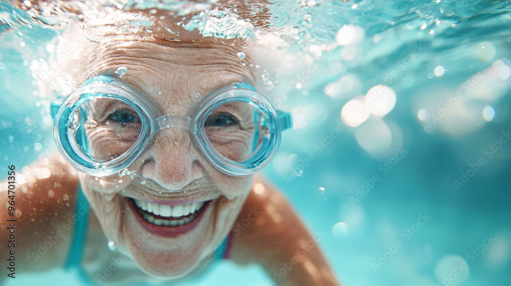 Naklejka premium A woman in a blue swimsuit is smiling and wearing goggles