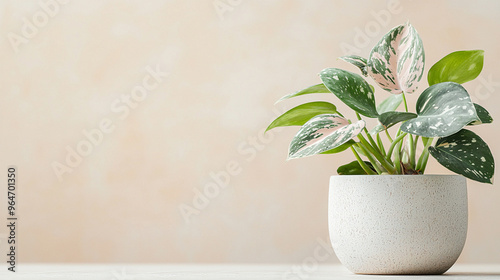 A white pot with a green plant in it sits on a table