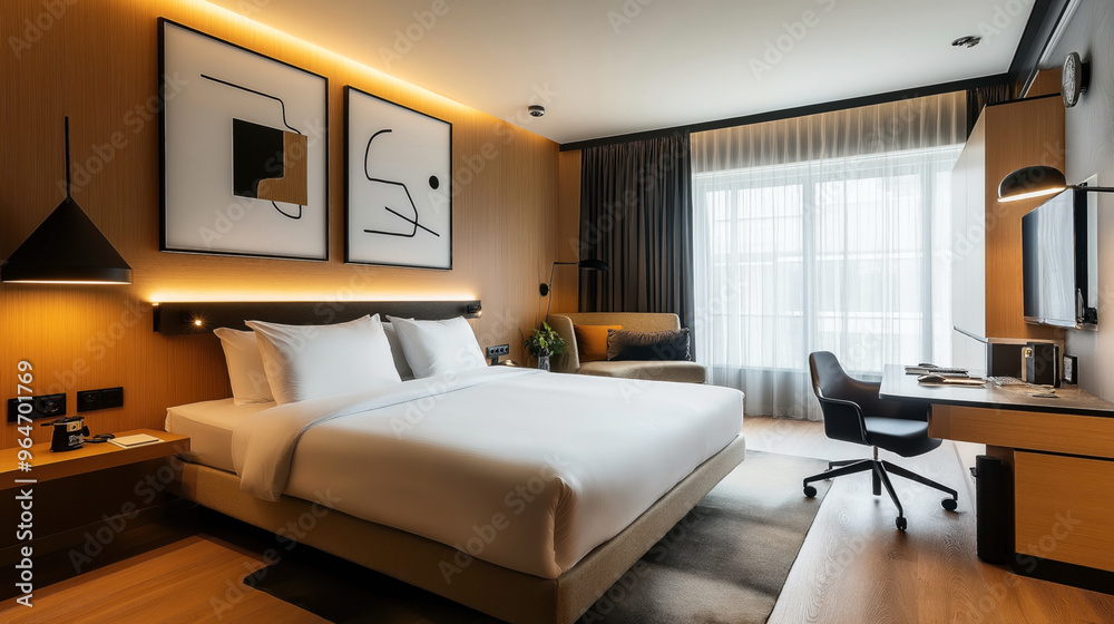 Modern hotel room interior with a large comfortable bed, bedside table, abstract wall art, work desk with chair, a TV, and a lounge chair near the window with curtains. Modern hotel room interior with a large comfortable bed, bedside table, abstract wall art, work desk with chair, a TV, and a lounge chair near the window with curtains.