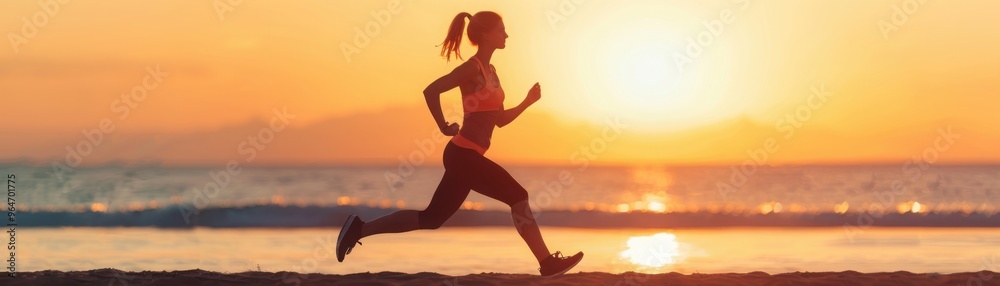 Fit woman doing outdoor exercises, sunrise on the beach, 3D illustration Fit woman doing outdoor exercises, sunrise on the beach, 3D illustration