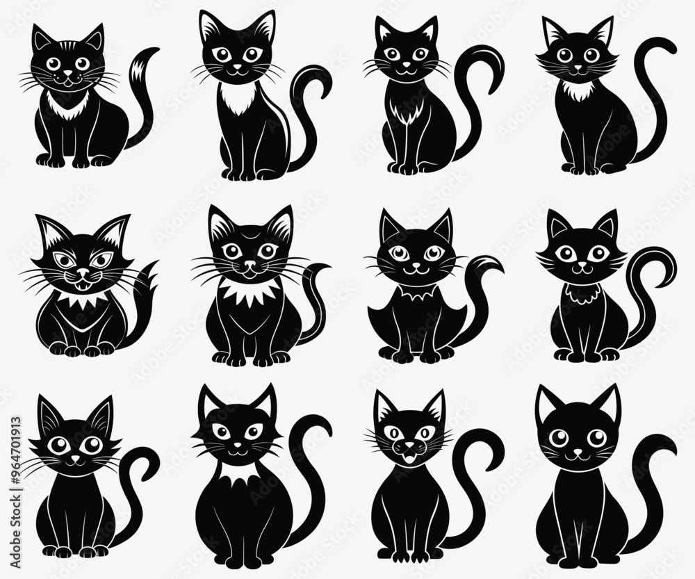 Obraz premium Set of Vector Halloween Cat Icon on Transparent Background for Spooky Designs 