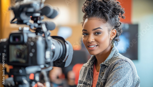 Young black woman videographer smiling while operating camera on set