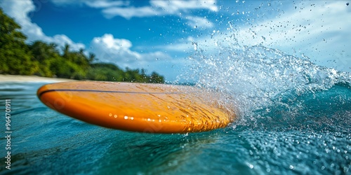 Orange Surfboard Riding Waves in Clear Blue Ocean on Sunny Day photo