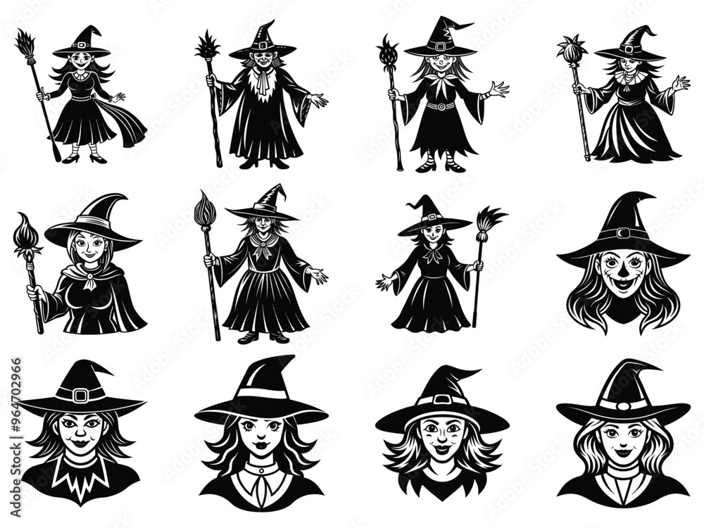 Set of Vector Illustration of a Halloween Witch Icon on Transparent Background Set of Vector Illustration of a Halloween Witch Icon on Transparent Background