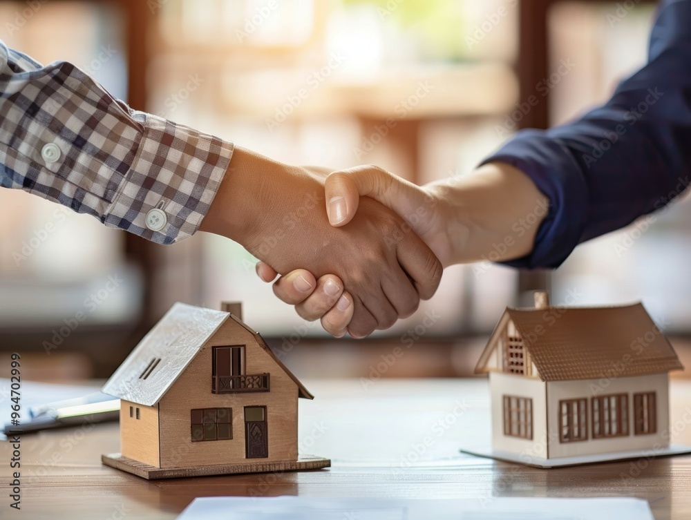Real estate sales purchase agreement, two people shaking hands over house models, investment, property deal, business partnership, financial success, handshake over property sales Real estate sales purchase agreement, two people shaking hands over house models, investment, property deal, business partnership, financial success, handshake over property sales