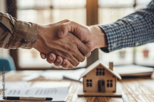 Real estate sales purchase agreement, two people shaking hands over house models, investment, property deal, business partnership, financial success, handshake over property sales