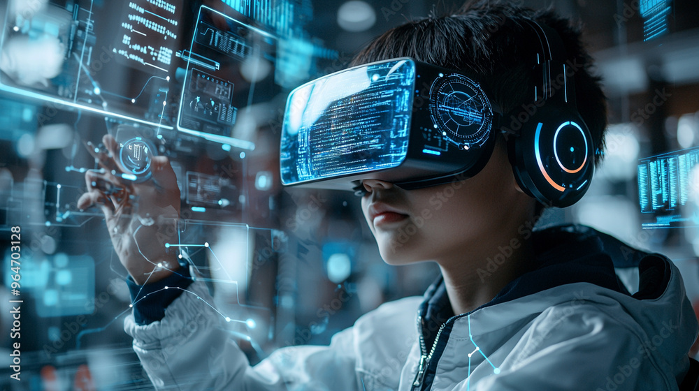 A young boy is wearing a virtual reality headset A young boy is wearing a virtual reality headset