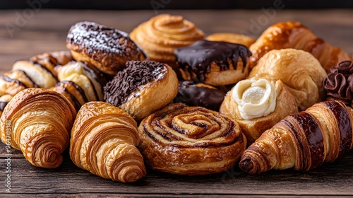 Delicious Pastry Assortment on Rustic Wooden Table.