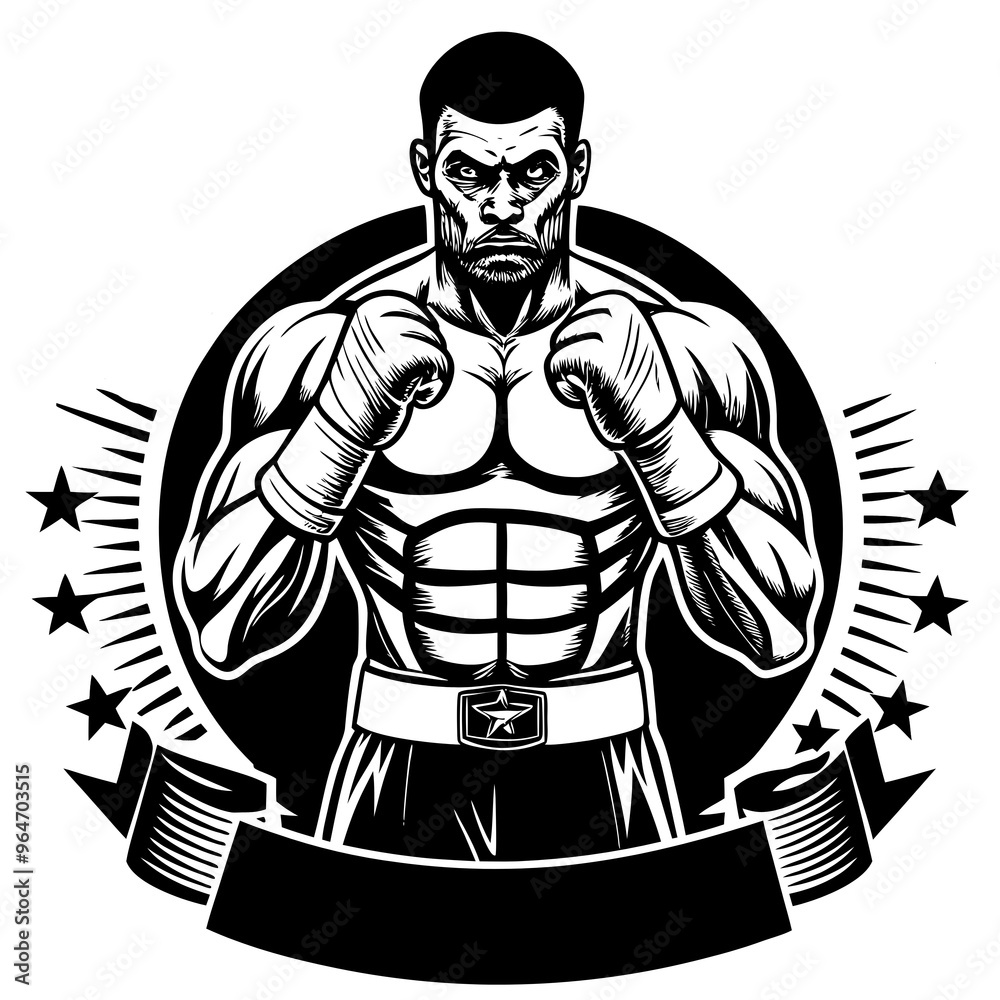 Boxer ready to fight on white background. Silhouette and outline art. Boxer ready to fight on white background. Silhouette and outline art.