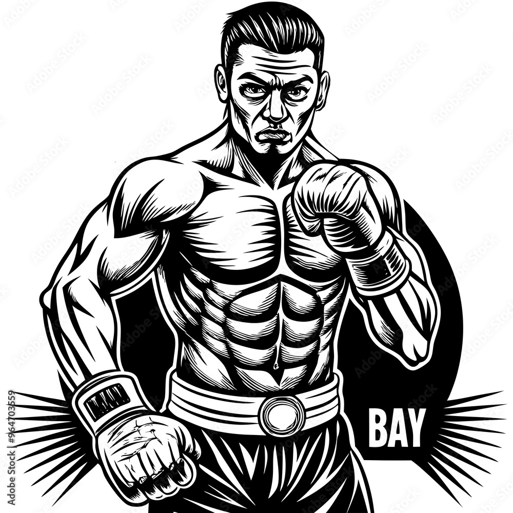 Boxer ready to fight on white background. Silhouette and outline art. Boxer ready to fight on white background. Silhouette and outline art.