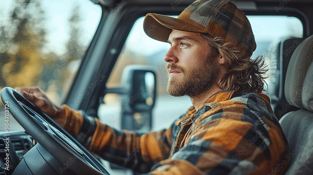 A man with a beard and a plaid shirt is driving a truck A man with a beard and a plaid shirt is driving a truck