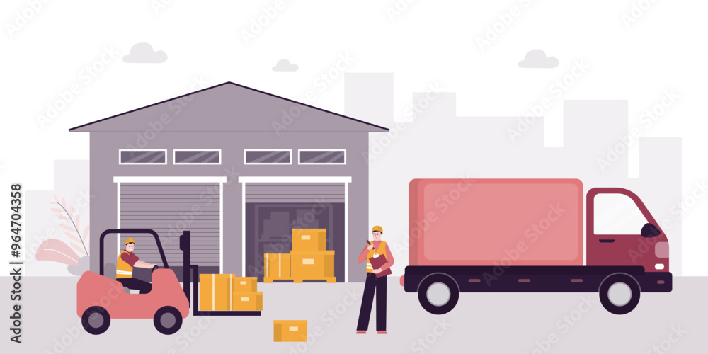 Warehouse building, worker team checking inventories. Loader loading boxes in delivery truck. worker counts quantity of goods. Work for preparation of shipments from storage. Warehouse building, worker team checking inventories. Loader loading boxes in delivery truck. worker counts quantity of goods. Work for preparation of shipments from storage.