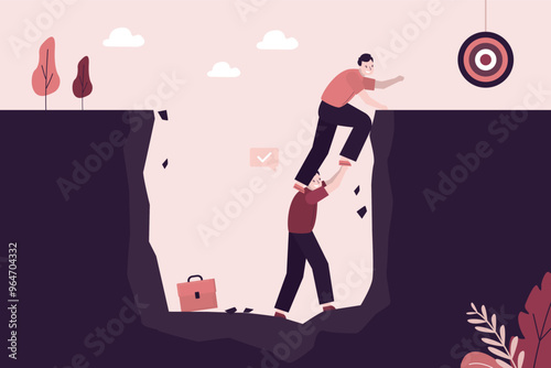 Male employees helping each other to climb up from pit together. Teamwork for hit target or goal. Successful collaboration or partnership help to reach target.